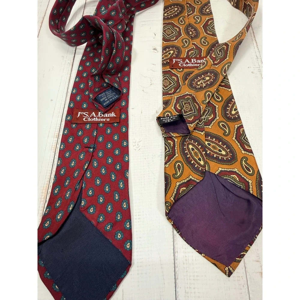Jos A Bank Silk Tie Lot 2 Burgundy Medallion Mustard Paisley Italian Silk Tie